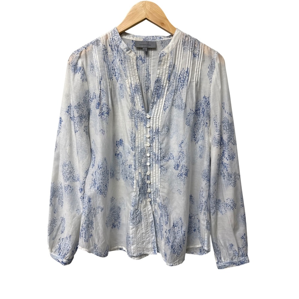 Classiques Entier Blouse Women M White Blue Cotton Silk Pintuck Pleat V-Neck Top